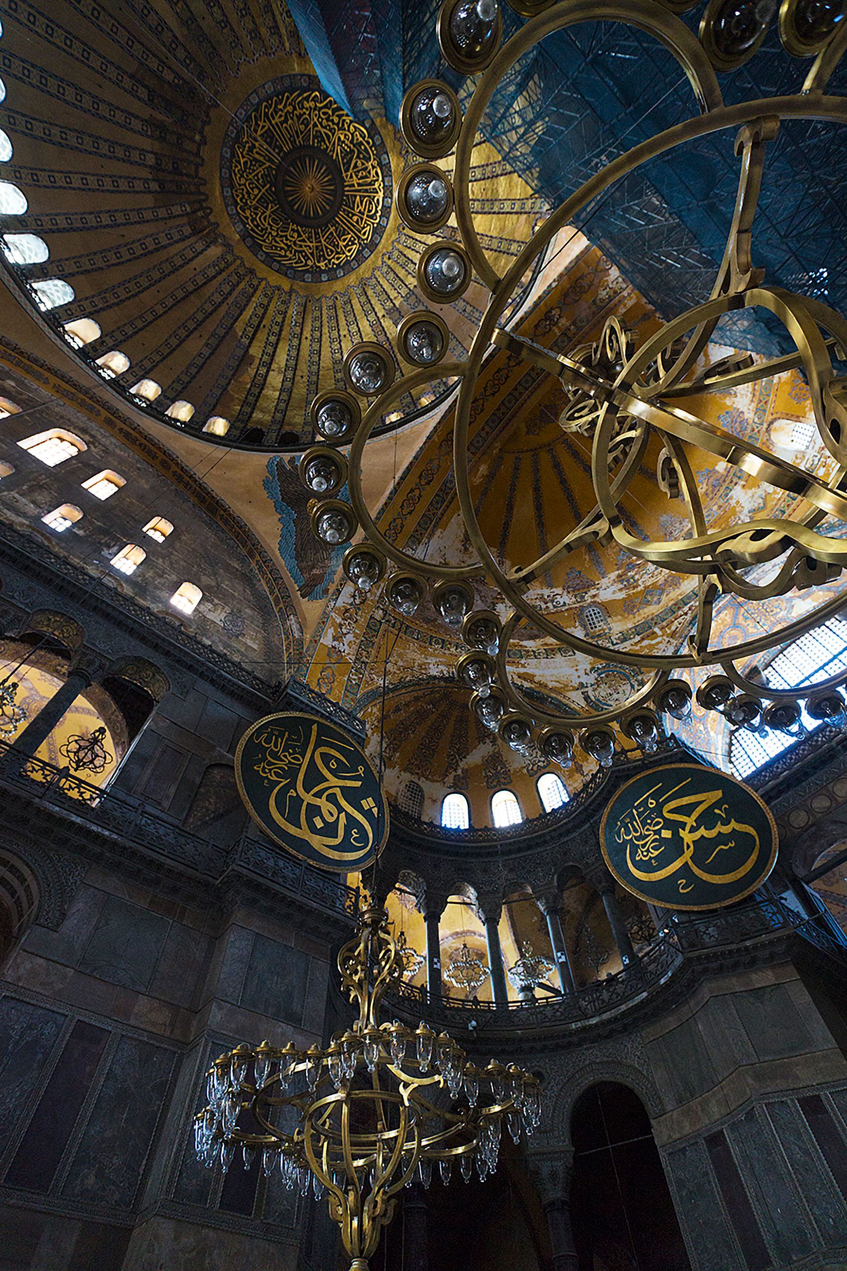 chandeliers down for cleaning hagia sophia Mosque in Istanbul Turkey