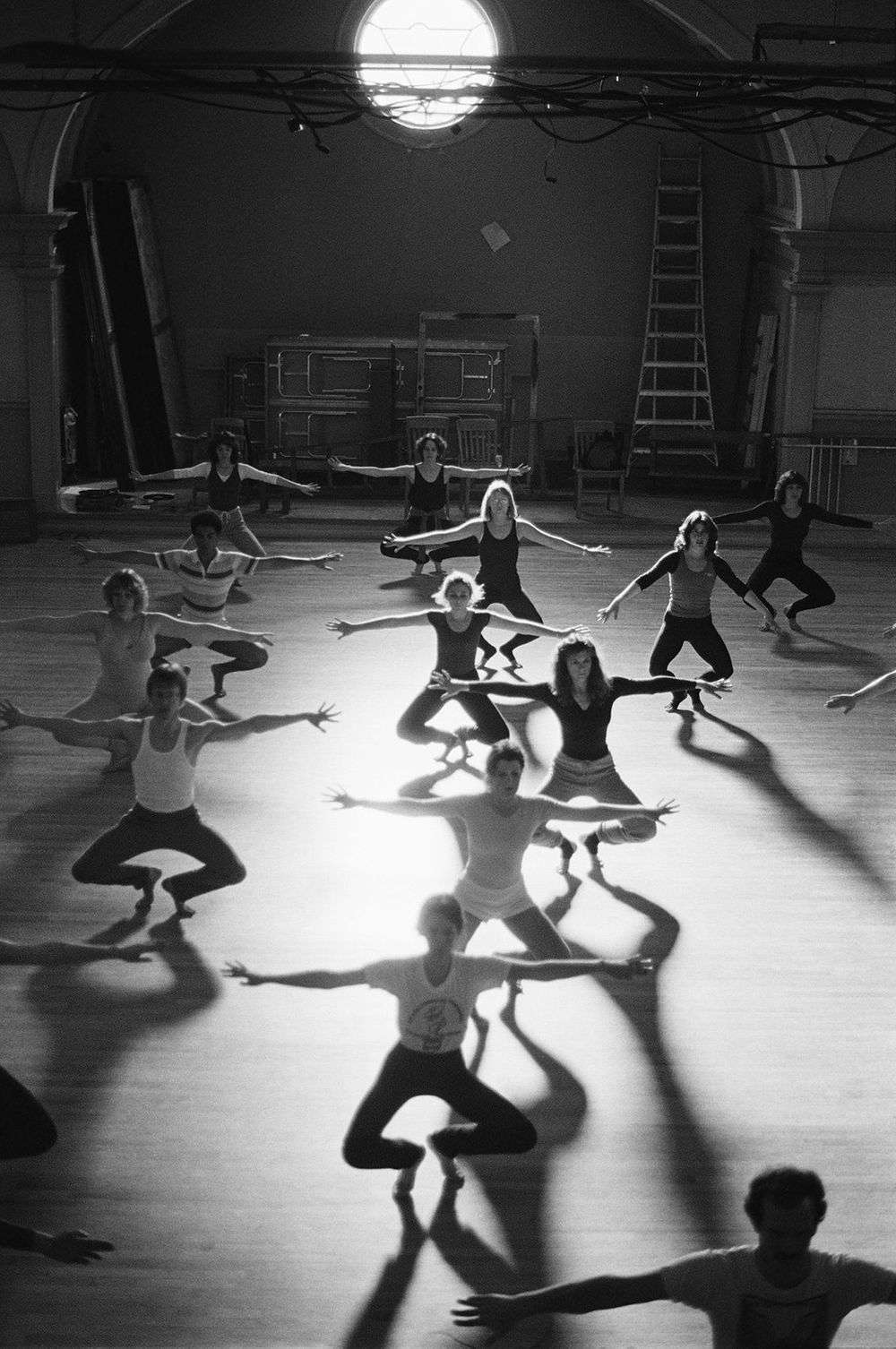 Exercise class Watertown Massachusetts YMCA B&W street photography 1970 nineteen  seventies or maybe a dance glass