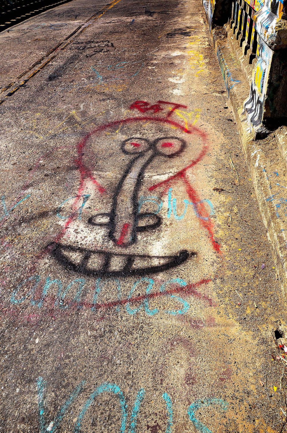 Graffiti Face on roadway of  Stevenson bride over Purdah creek in winters or Dixon California