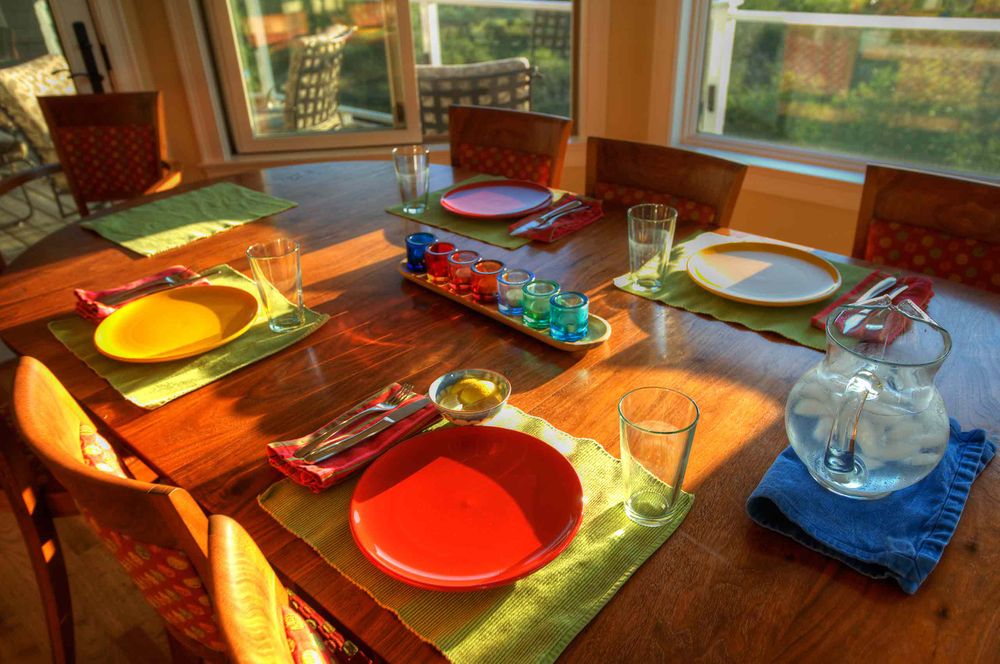 Dining room table in cape elizabeth maine. fiesta ware plates