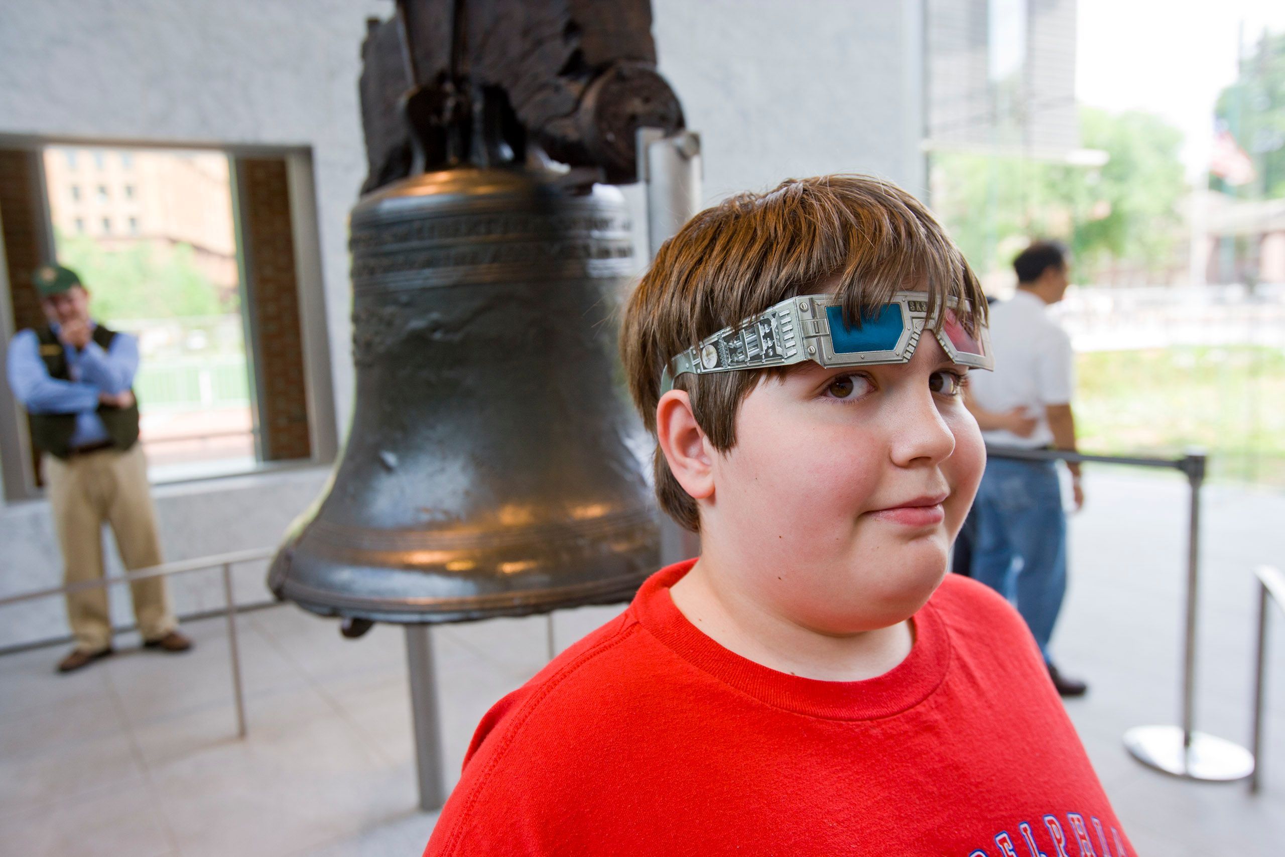 The liberty bell and kids with 3D glasses Only in America