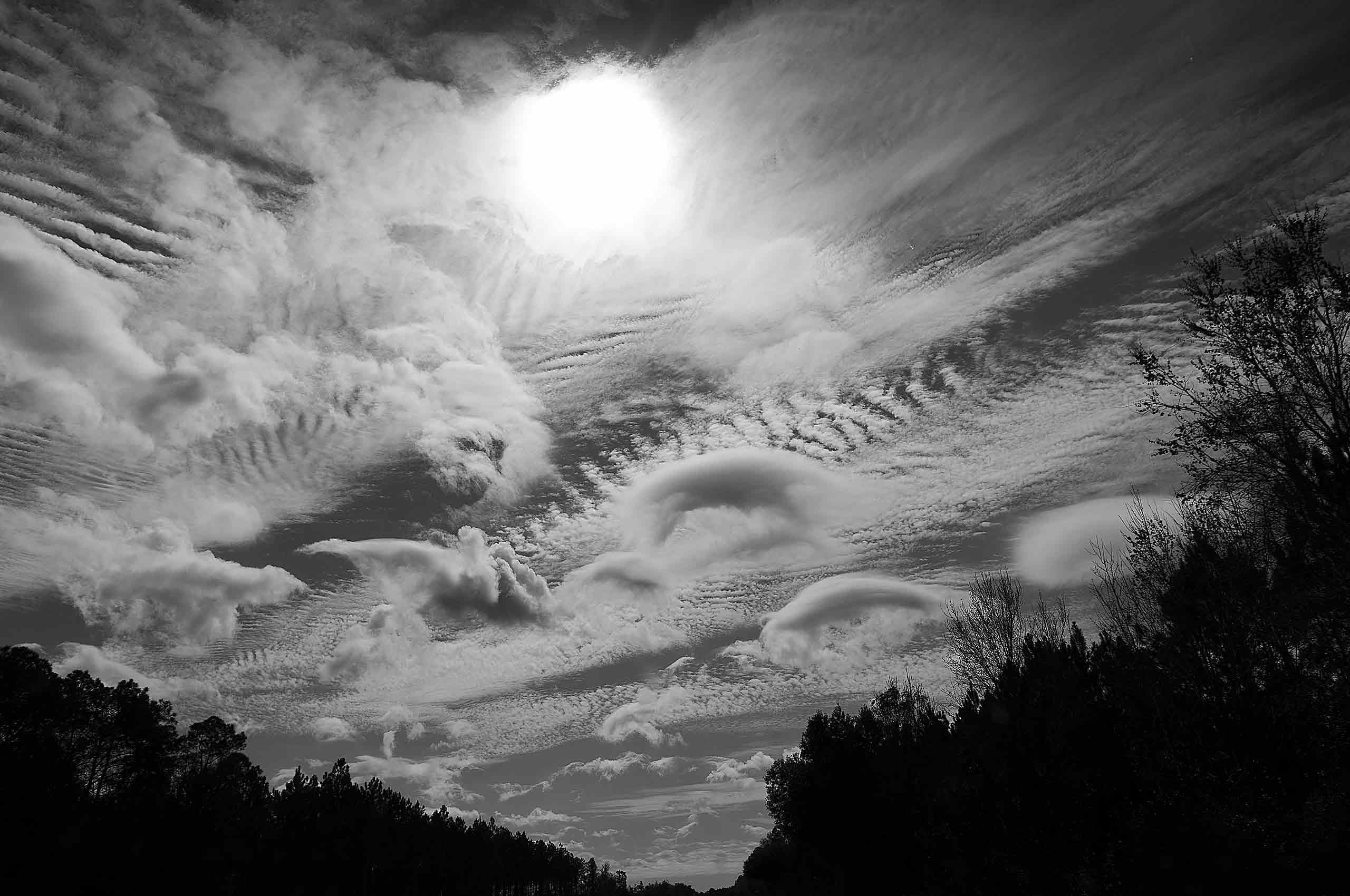 fucking fantastic  Black and white photo of many differs types of clouds over the panhandle of Flordia B&W