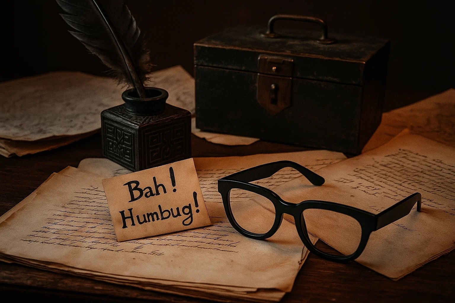 Desk, with a note that says Bah! Humbug!