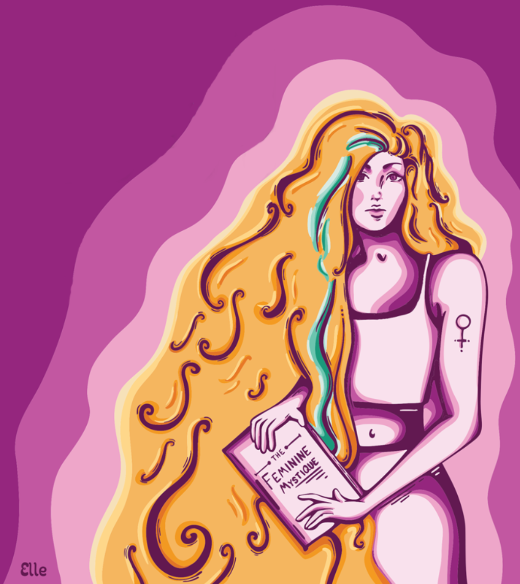 Illustration of a woman holding The Feminine Mystique