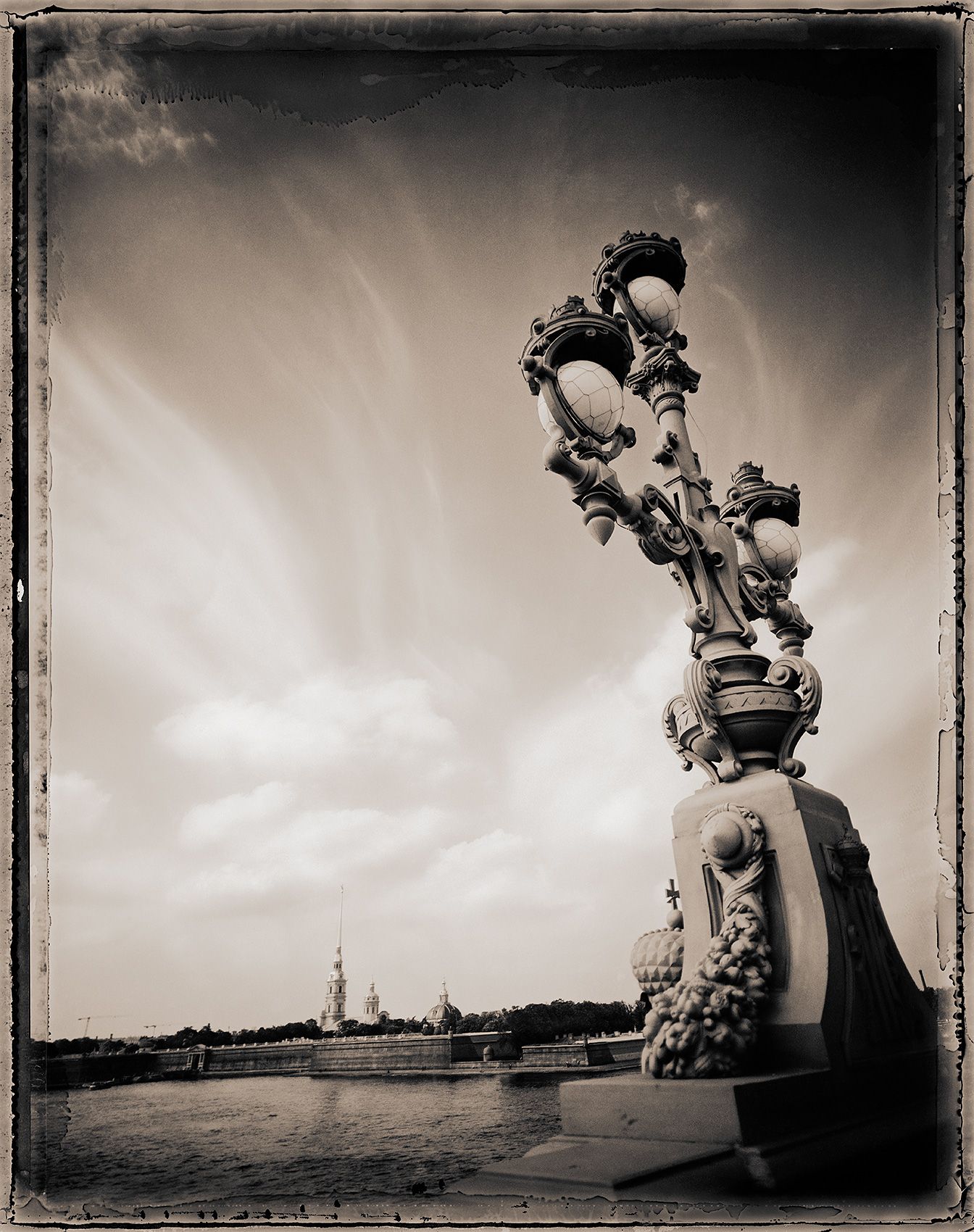 Bridge Lamp and Distant Fortress, St. Petersburg, Russia