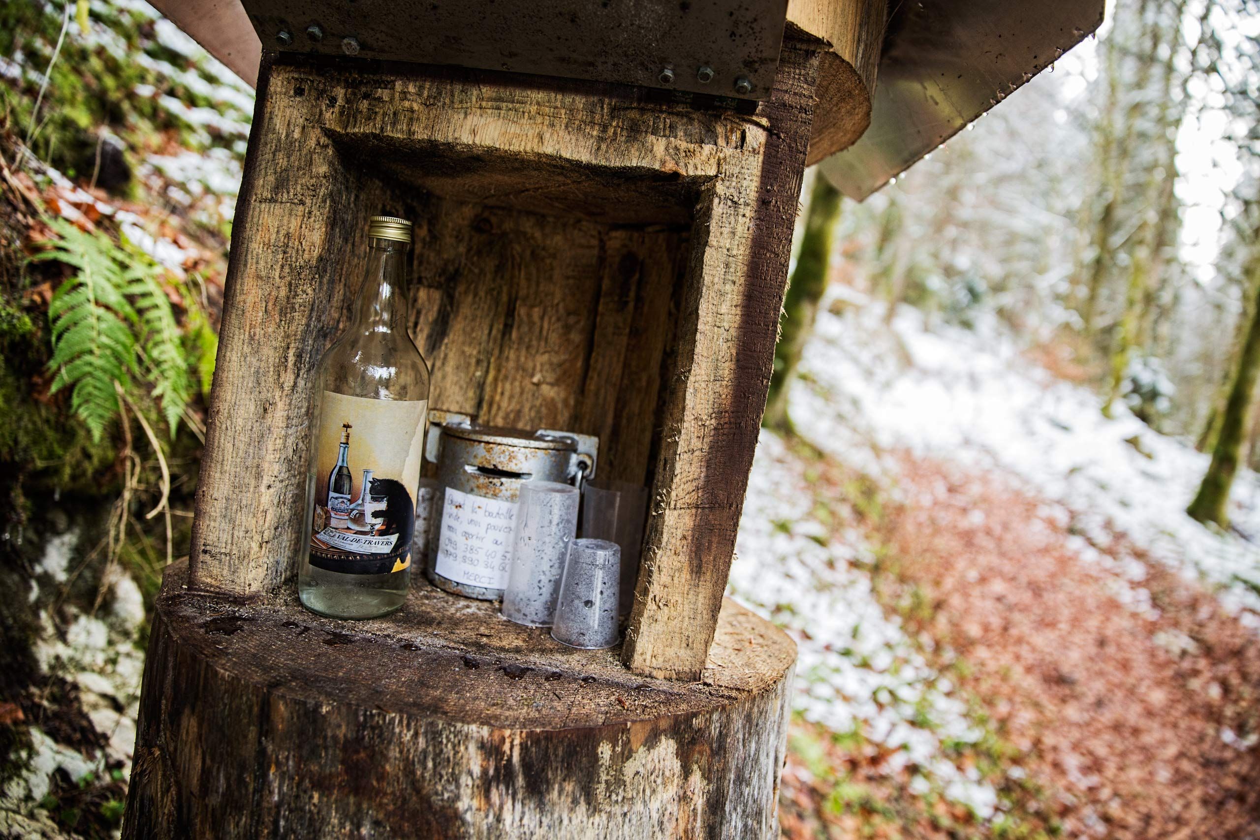 A photo of an old wooden box containing an absinthe bottle in the woods in Môtiers, Switzerland, near the French border. Visitors are able to drink absinthe and leave a donation. There is a natural spring fountain nearby called, Fountain A Louis. Photos of the mysterious spirit, absinthe, also called wormwood, green fairy, green muse. This was a passion project and an amazing adventure into the world of absinthe, especially as on location photographer & location commercial photographer. Photo was shot with a shallow depth of field and selective focus. Absinthe Bottle In the Woods Môtiers, Switzerland