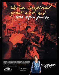 Mississippi Tourism print ad of Bobby Rush playing his guitar inside Reds Lounge juke joint in Clarksdale, Mississippi. VisitMS. Tag line is, We've inspired great art and one epic party. Mississippi Tourism Print Ad Music Bobby Rush