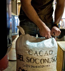 A tight photo of a bag go Askinosie Chocolate Cocoa beans, in Springfield, MO, with shallow depth of field and selective focus. Askinosie Chocolate Cocoa beans