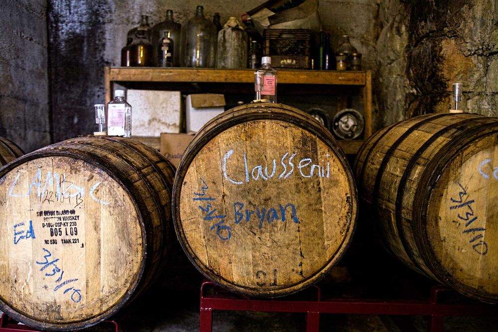 Photo at Schlafly Beer in St. Louis for an advertising campaign and image brand library. Casks or barrels of beer aging in a dimly lit room. As an industrial photographer, on location photographer & location commercial photographer this was a great project to be associated with. Casks of Beer Aging