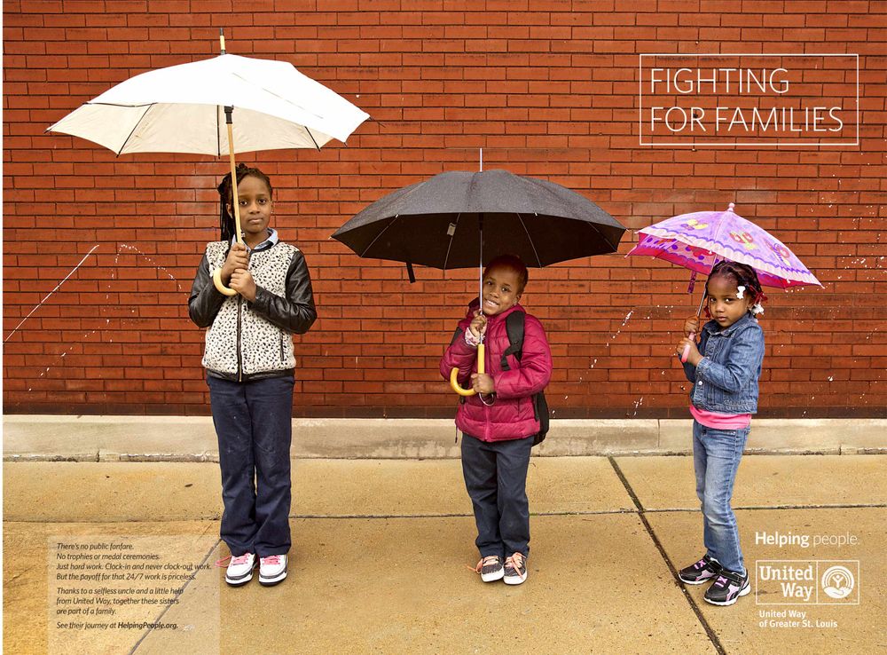 An ad for United Way, Fighting for Families, featuring and in support of 3 your girls living with their Uncle. United Way Advertisement, Families