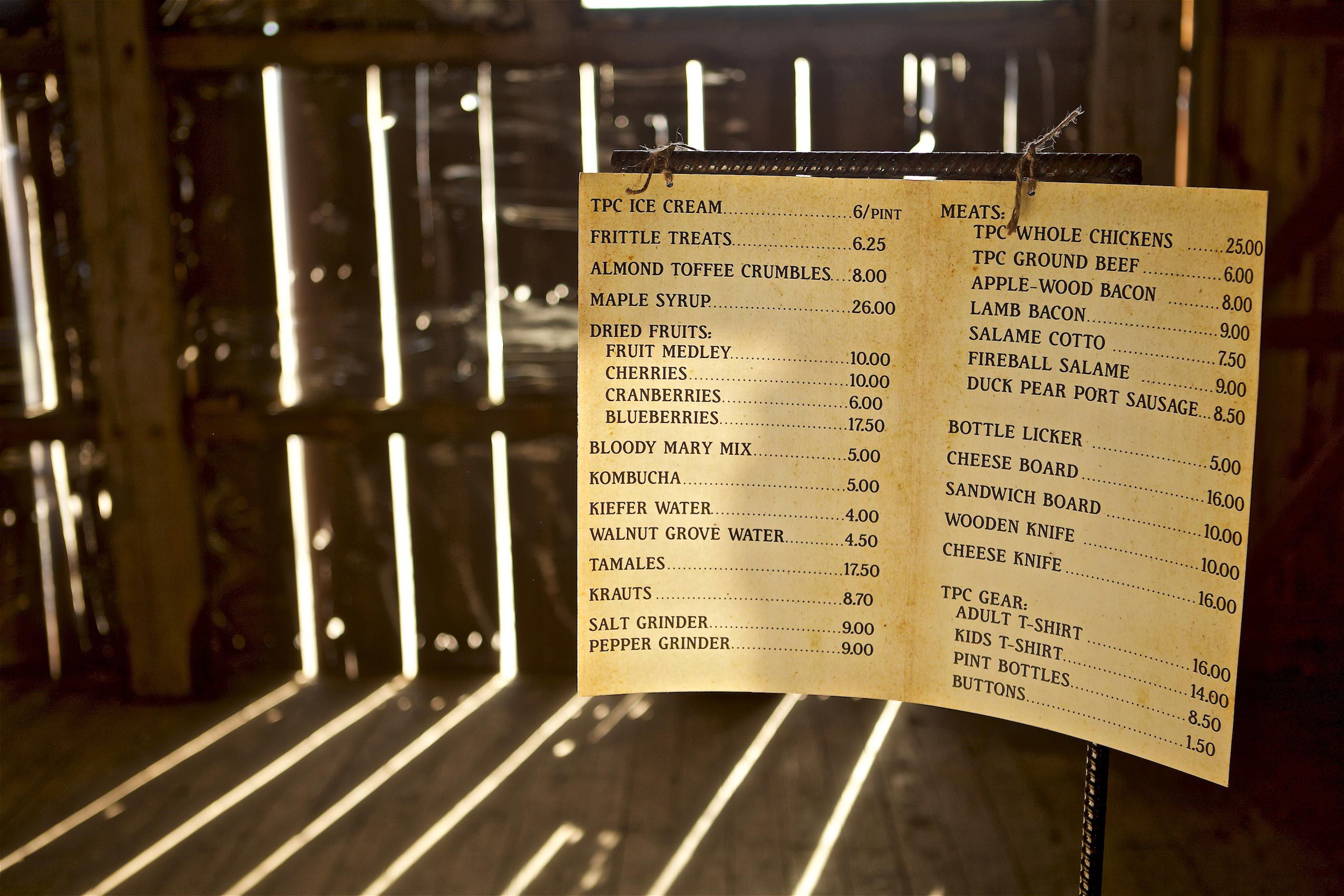 Closeup of a Food Menu In a Barn