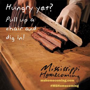 Mississippi Tourism print ad of brisket, ribs being sliced in Oxford, Mississippi. VisitMS. Tag line is, Hungry yer? Pull up a chair and dig in! location commercial photographer. advertising photographer. Agency, Ramey Agency, Jackson, MS Mississippi Tourism Print Ad Food