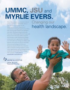 University of Mississippi Medical Center Print Ad. Tag line is, Changing our health landscape. Featuring a Father holding his Son up like he's flying, outside, blue sky, clouds, laughing and happy. University of Mississippi Medical Center Print Ad