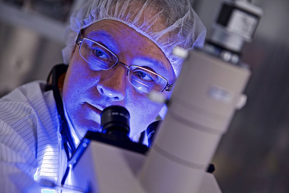 A Scientist sites behind a microscope looking into the distance, cast with purple light. Scientist Behind a Microscope