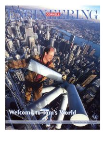 Photo of Tim Stillman on top of the antenna off the Empire State Building in New York City, on the cover go Cornell Engineering Magazine. Welcome to Tom's World, the copy says. advertising photographer, industrial photographer. Magazine Cover or Empire State Building