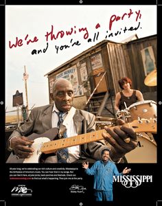 Mississippi Tourism print ad featuring Leo "Bud" Welch playing the blues in front of Po Monkey's juke joint in Merigold, Mississippi. VisitMS. Tag line is, We're throwing a party, and you're all invited. Mississippi Tourism Print Ad Music