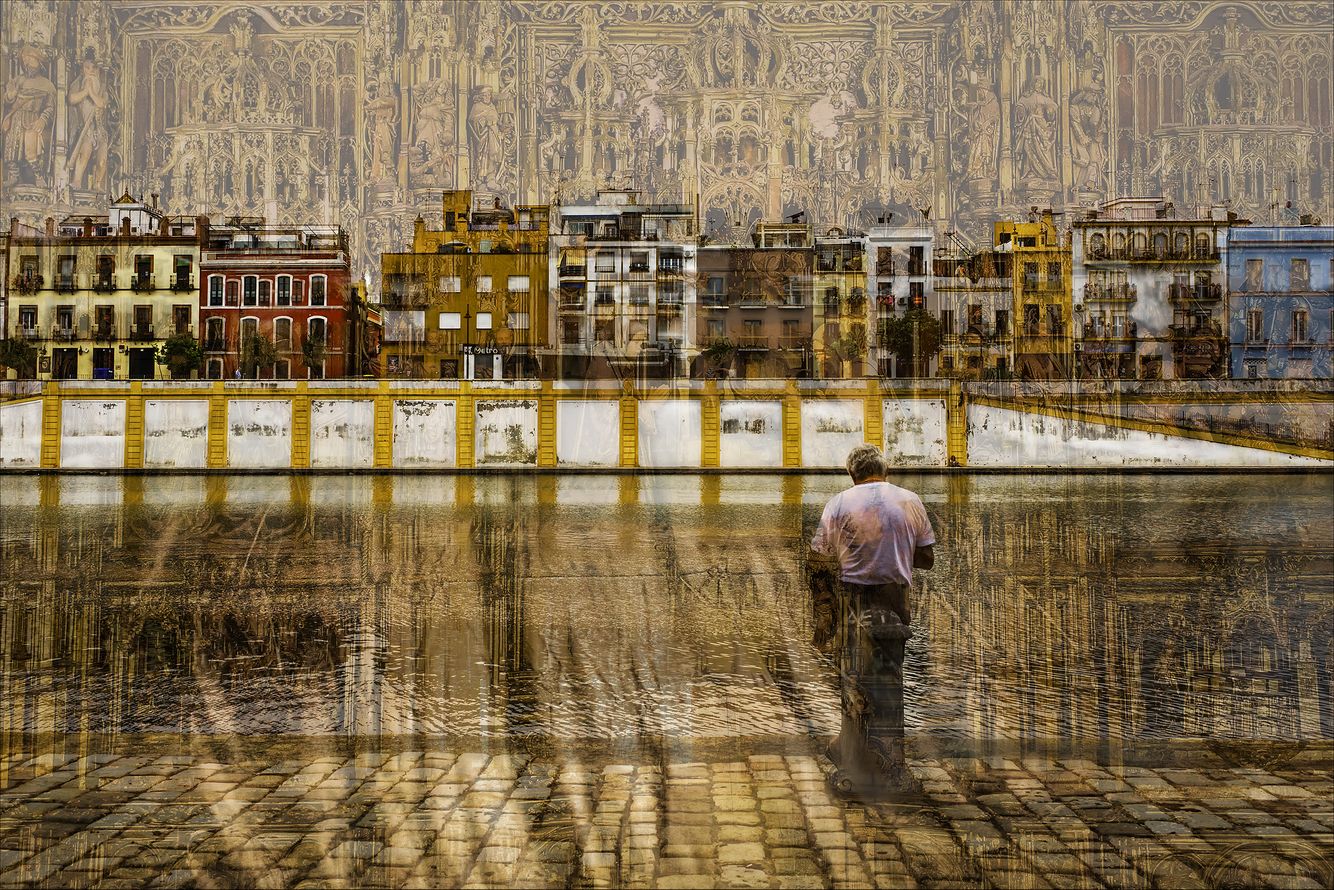 Cathedral scrim and Guadalquivir riverfront. Composite. Saville, Spain. The Persistence of religion .