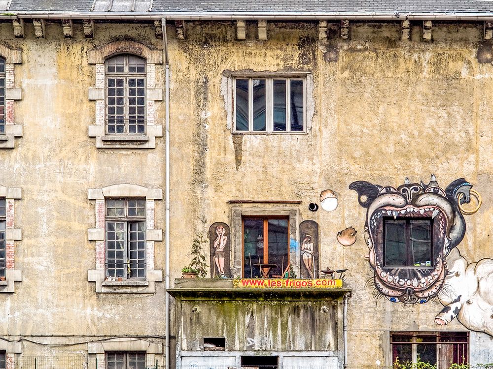 Apartment building with dog's mouth.