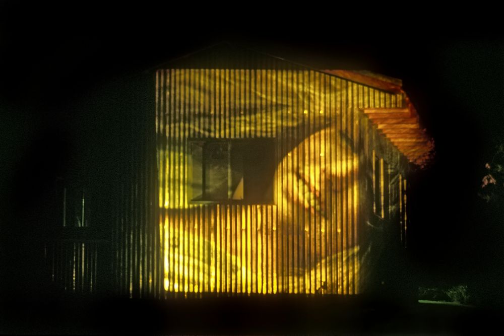 Remember slide projectors? This model was projected onto the side of the studio. Squire Canyon, California. A corrugated face.