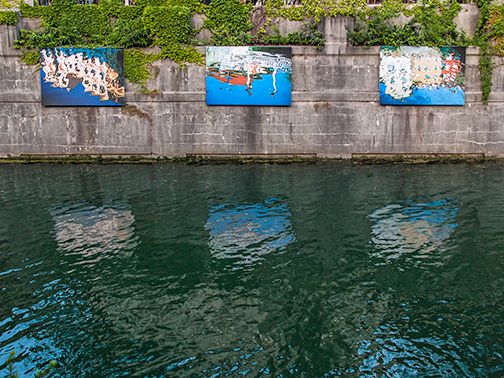 Canal, public art, Reflections of Ljubljana, Slovenia.  Reflections on the Ljubljanica River.