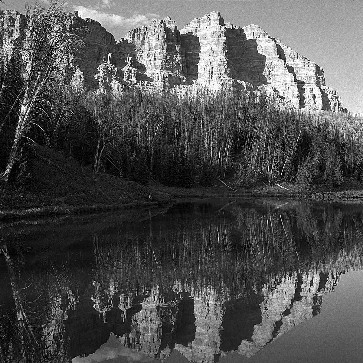 Wind River Lake, reflections, square format, Shoshone National Forest, b&w, film, landscape, Wyoming, Togwotee Pass