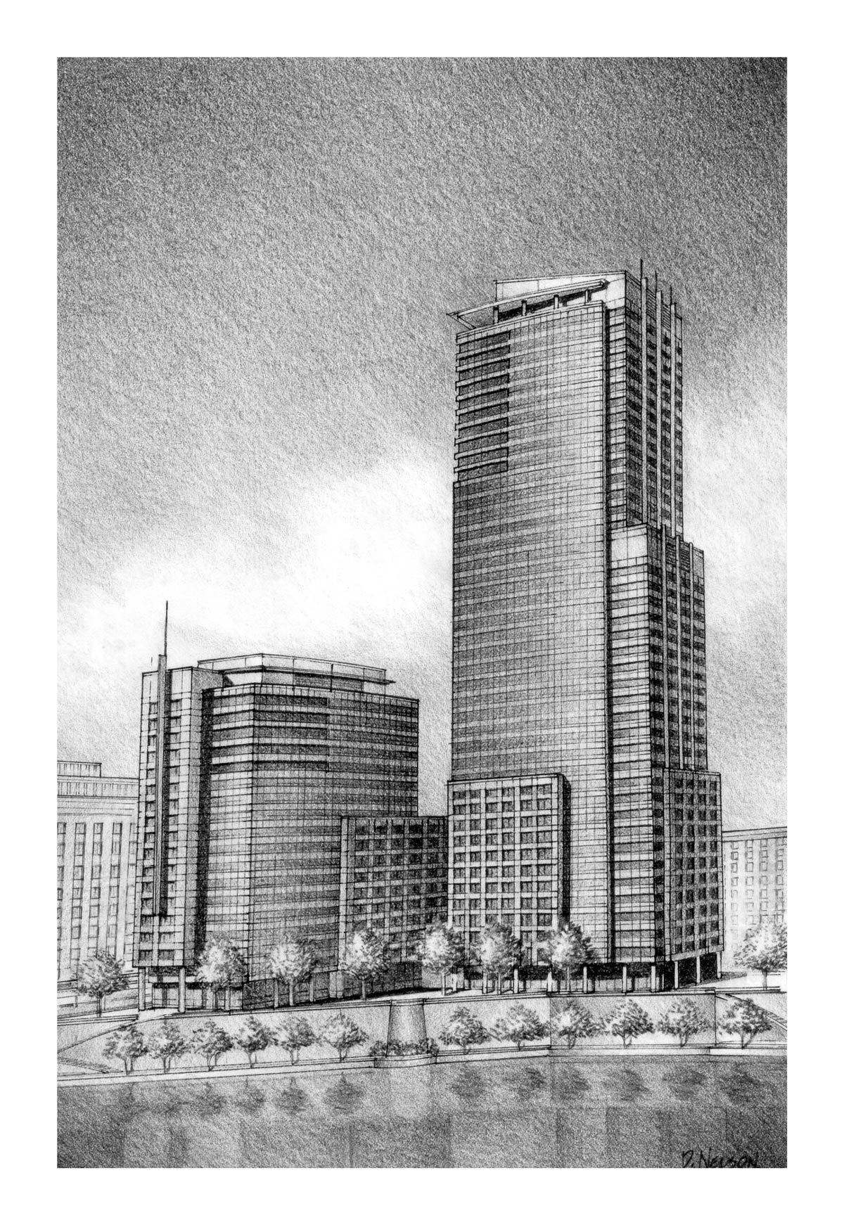 Rendering by Drew Highrise Office Building along the Chicago River, Unbuilt - Senior Designer DeStefano + Partners
