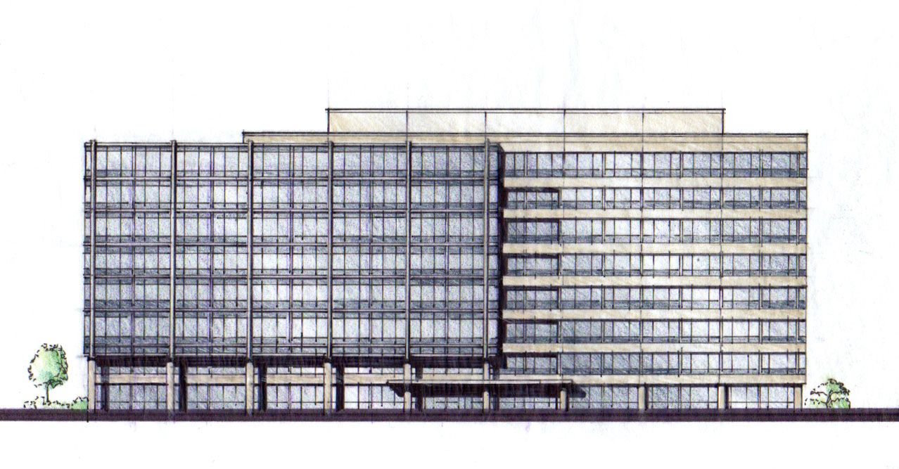 Rendering by Drew Midrise Office Building, Oak Brook, IL, Unbuilt - Senior Designer DeStefano + Partners