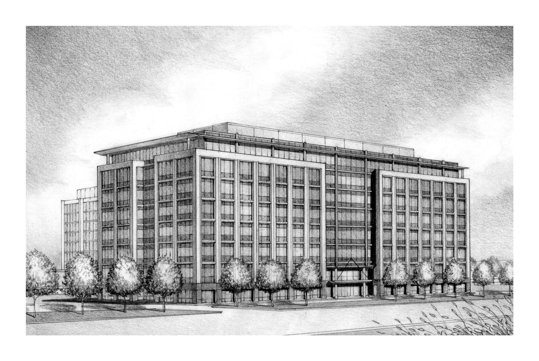Rendering by Drew Midrise Office Building, Oak Brook, IL, Unbuilt - Senior Designer DeStefano + Partners