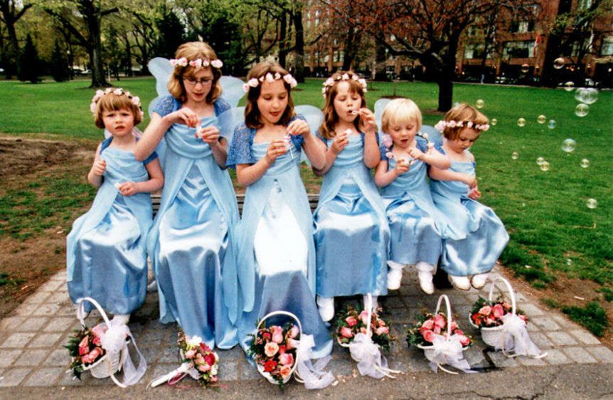 Portrait of flower girls. Boston, Massachusetts.