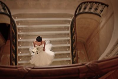 This stunning Bride was heading down for the ceremony at the Armour House at Lake Forest Academy. Bride on the staircase at the Armour House at Lake Forest Academy
