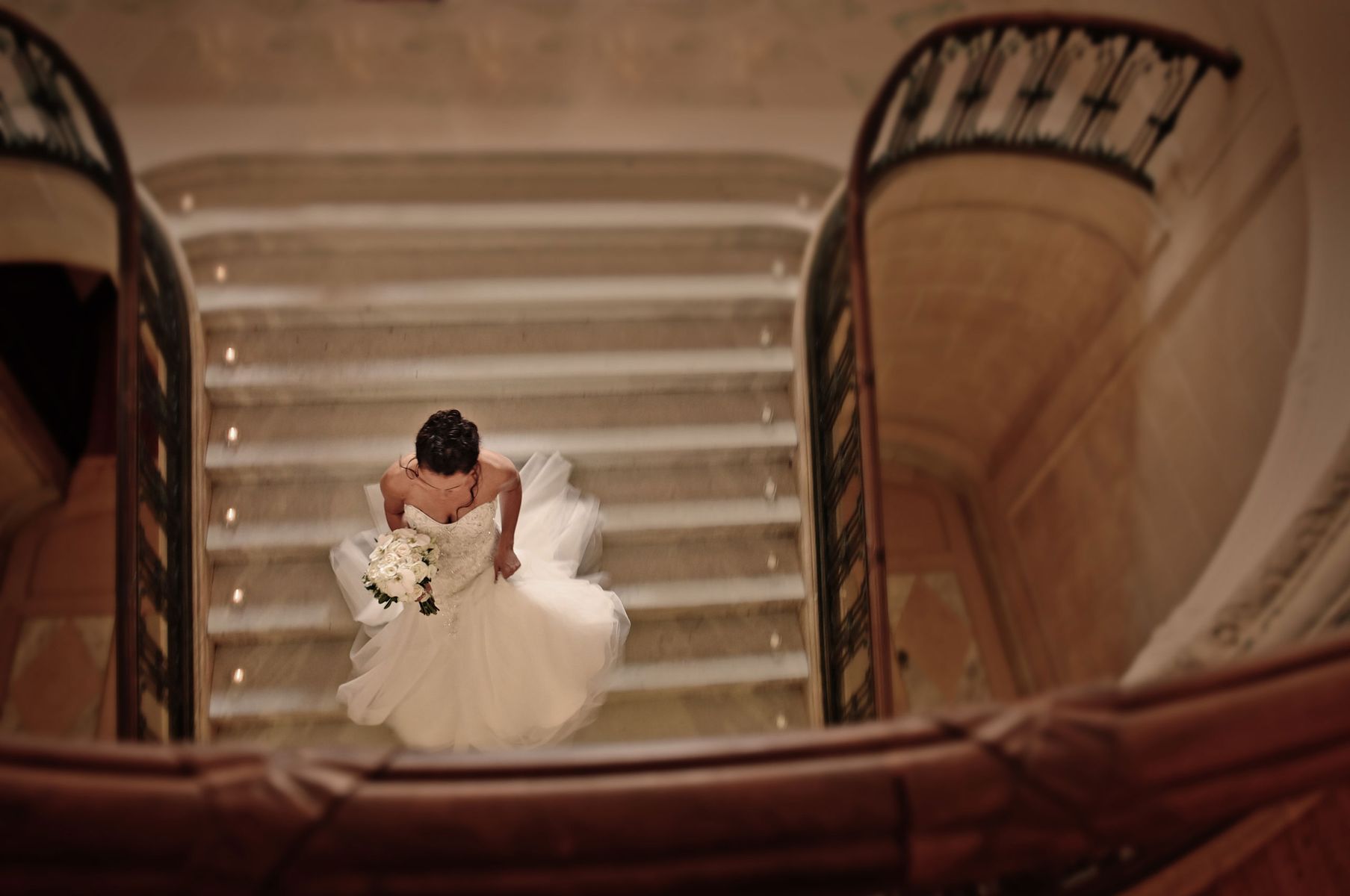 This stunning Bride was heading down for the ceremony at the Armour House at Lake Forest Academy. Bride on the staircase at the Armour House at Lake Forest Academy