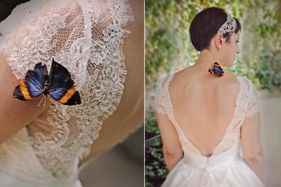 Butterfly on Bride's shoulder Peggy Notebaert Nature museum Chicago wedding