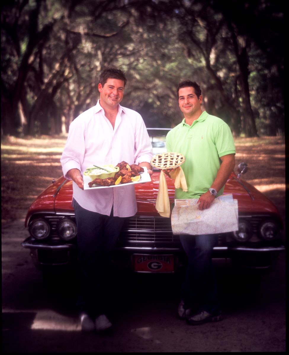 Jamie & Bobby Deen with platter of food red cadillac in Savanah Georgia at Plantation for Cookbook Cover, " The Deen Brothers:Recipes from the Road"www.rkjacobs.comTop Food Photographer New York Seattle PortlandRobert Jacobs Photography ©2013 Jamie & Bobby Deen with platter of food red cadillac in Savanah Georgia at Plantation for Cookbook Cover, " The Deen Brothers:Recipes from the Road"www.rkjacobs.comTop Food Photographer New York Seattle PortlandRobert Jacobs Photography ©2013