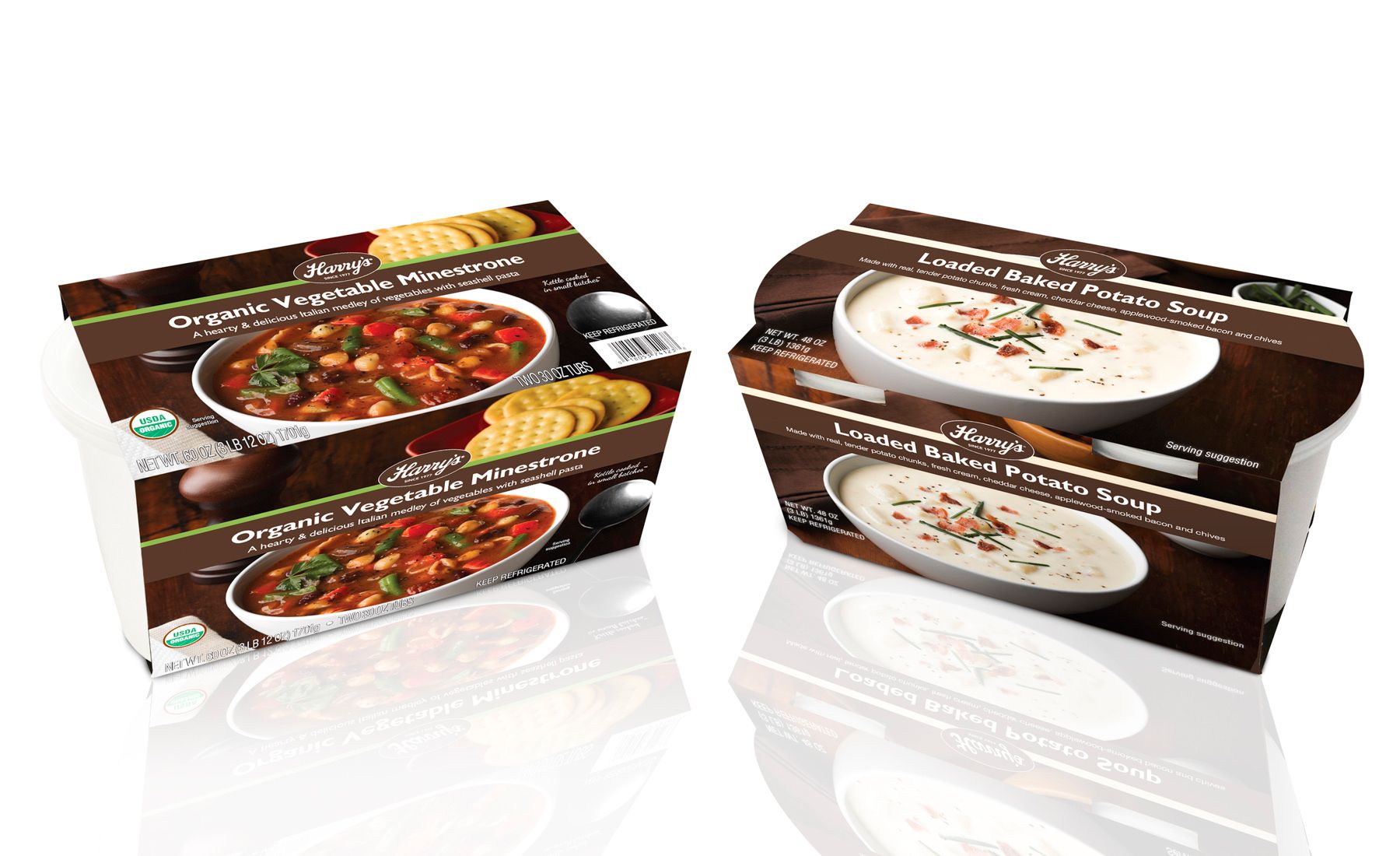 Vegetable, Clam Chowder soup packaging, branding, Harry's Fresh Foods. Vegetable, Clam Chowder soup packaging, branding, Harry's Fresh Foods.