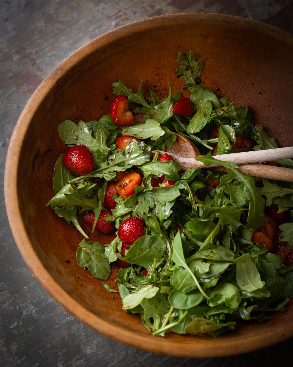 Fresh Arugula with strawberries and balsamic vinegar  www.rkjacobs.com  mark bittman new york timestop food photographer New York Seattle Portland Robert Jacobs photography ©2013