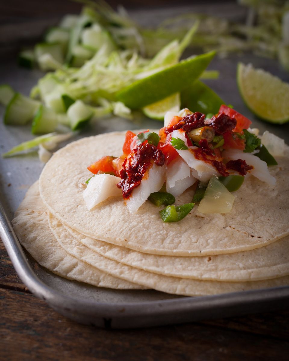 Fish Tacos with cilantro on aluminum tray with lime Mark Bittman New york Times   www.rkjacobs.comtop food photographer New York Seattle Portland Robert Jacobs photography ©2013