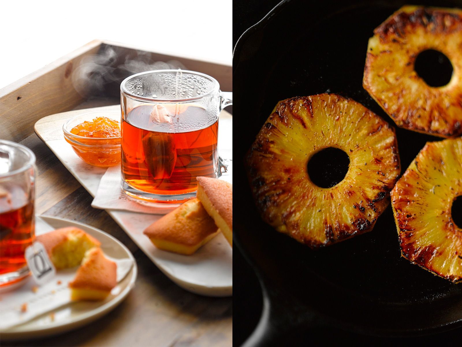 hot tea with crumpets, biscuits, apricot marmalde, grilled pineapple with black cast iron frying pan hot tea with crumpets, biscuits, apricot marmalde, grilled pineapple with black cast iron frying pan