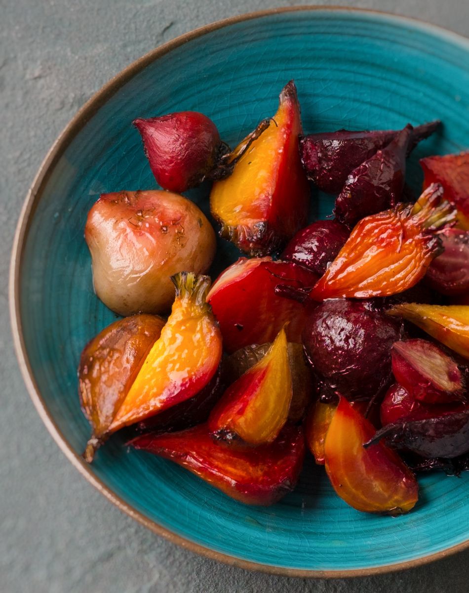 Roasted red & yellow beets in stone turquoise dish www.rkjacobs.comtop food photographer New York Seattle Portland Robert Jacobs photography ©2013