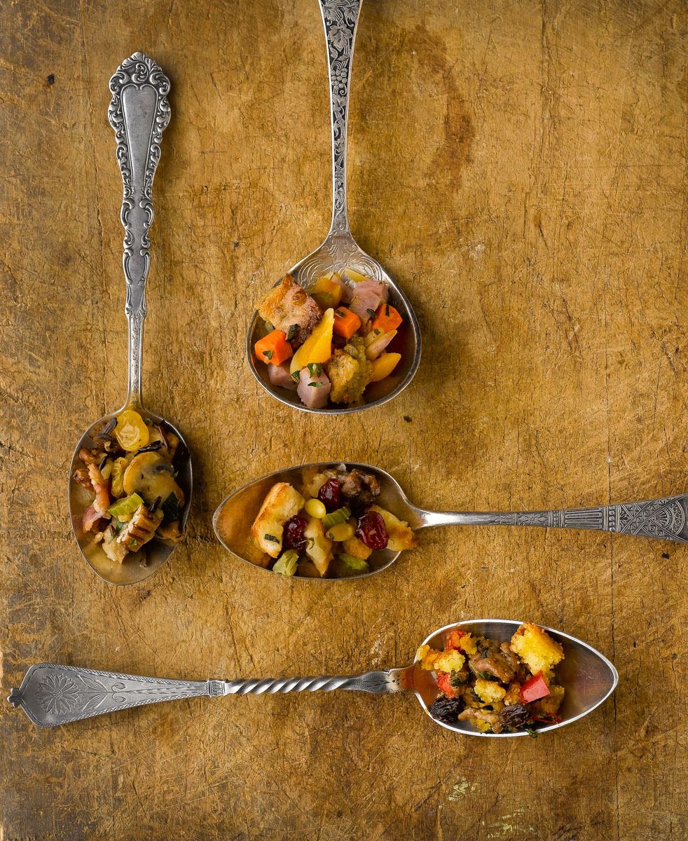 Four vintage spoons with 4 kinds of stuffing on wooden surface www.rkjacobs.comRobert Jacobs Photography ©2013 Top Food Photographer New York Seattle Portland