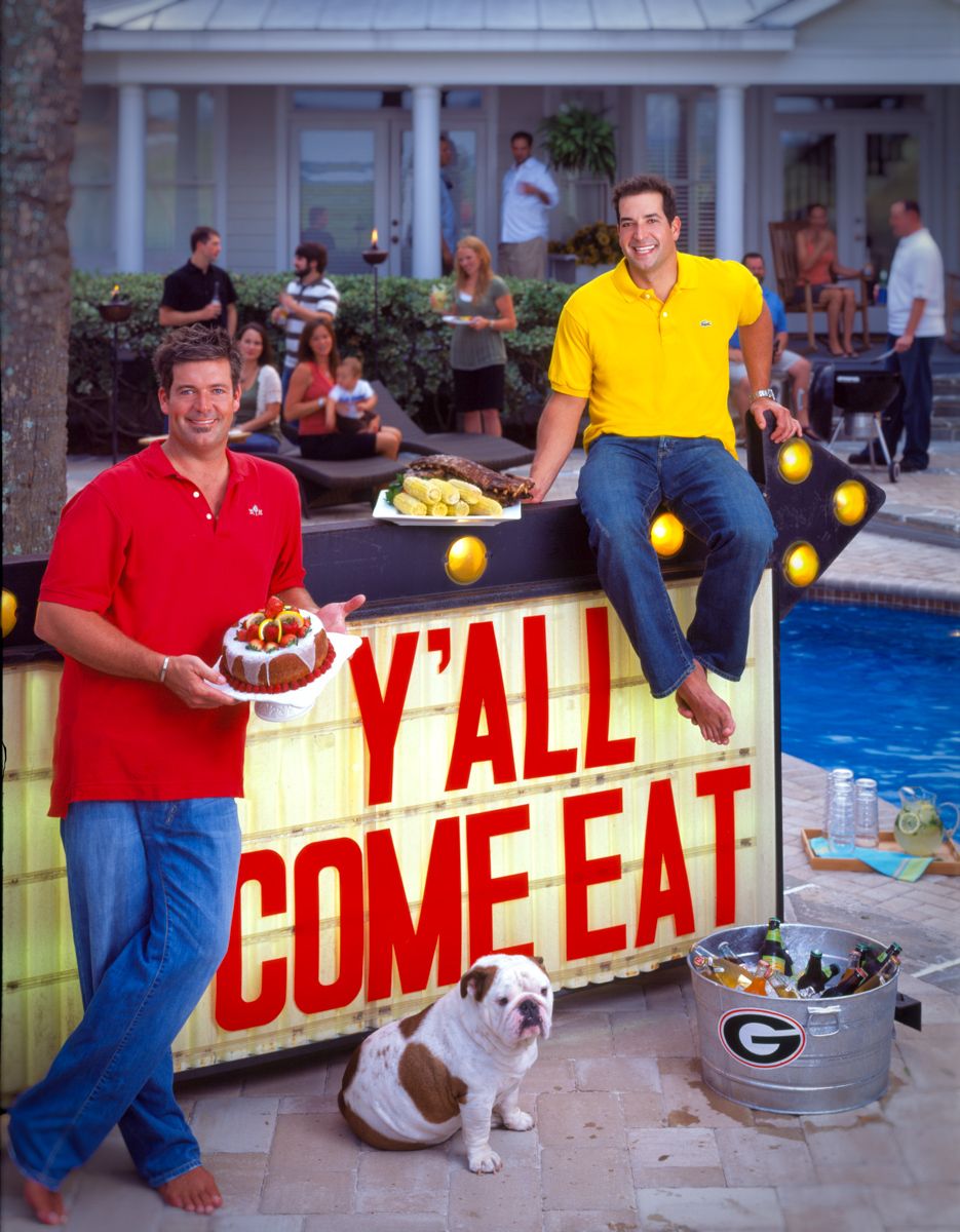 Jamie & Bobby Deen poolside with Ugga for Cover of Cookbook "Y'all Come Eat" www.rkjacobs.comTop Food Photographer New York Seattle PortlandRobert Jacobs Photography ©2013