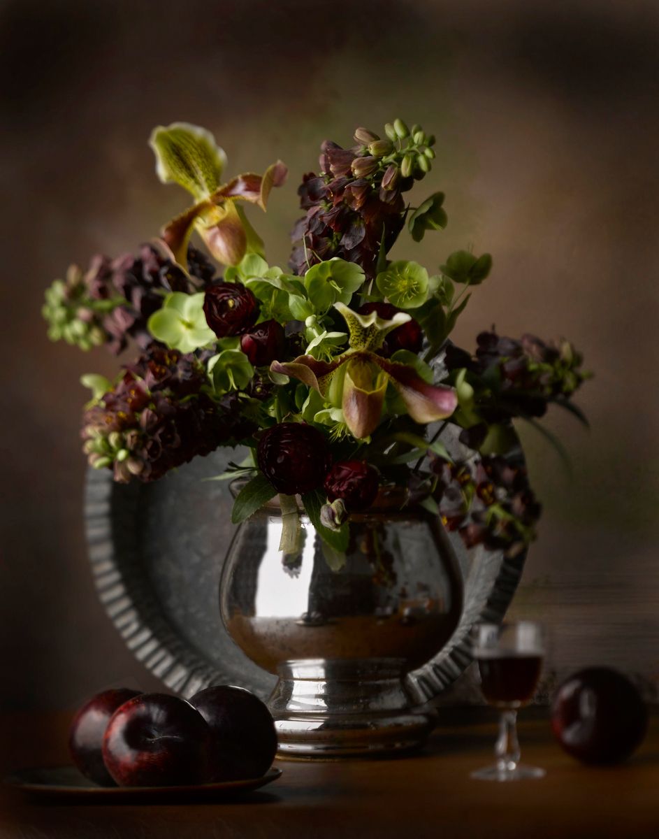 Mecury glass vase with burgundy orchids & flowers with plums and glass of red winewww.rkjacobs.comTop Food Photographer New York Seattle PortlandRobert Jacobs Photography ©2013 Mecury glass vase with burgundy orchids & flowers with plums and glass of red winewww.rkjacobs.comTop Food Photographer New York Seattle PortlandRobert Jacobs Photography ©2013