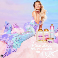 Photo of Influencer Kandee Johnson as mermaid o cotton candy cloud for OGX shampoo Campaign