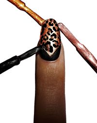 Photograph of fashion leopard print macro nail art in gold and black colors. with various colored brushes and polish, beauty product photographer near me, NYC