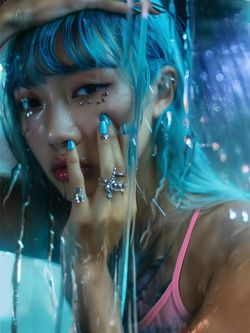 Asian model rain aqua hair, pink tank, w: nails VERT.jpg