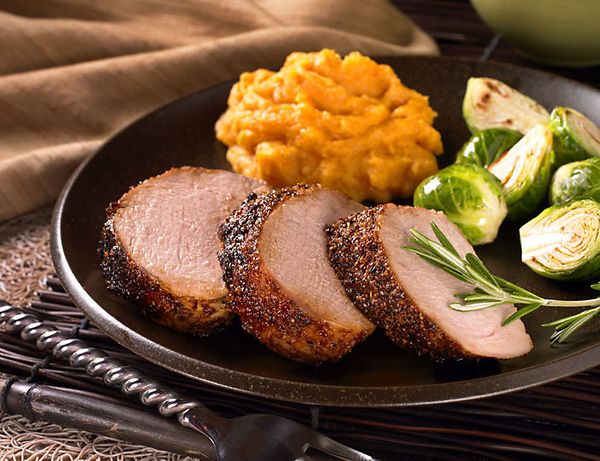 rosemary-crusted pork tenderloin w/sweet potatoes & Brussels sprouts