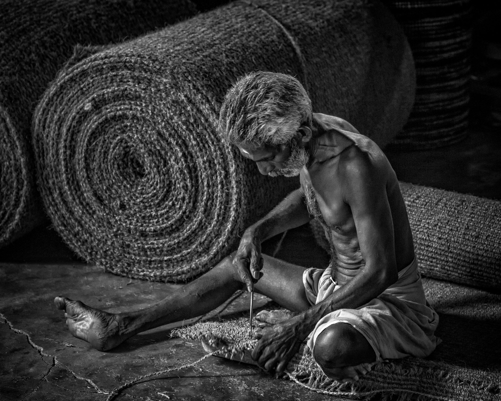 Making Coir (coconut fiber) matting (Near Kochi, Kerala) INDIANS AT WORK III:  Leather and Textile Workers