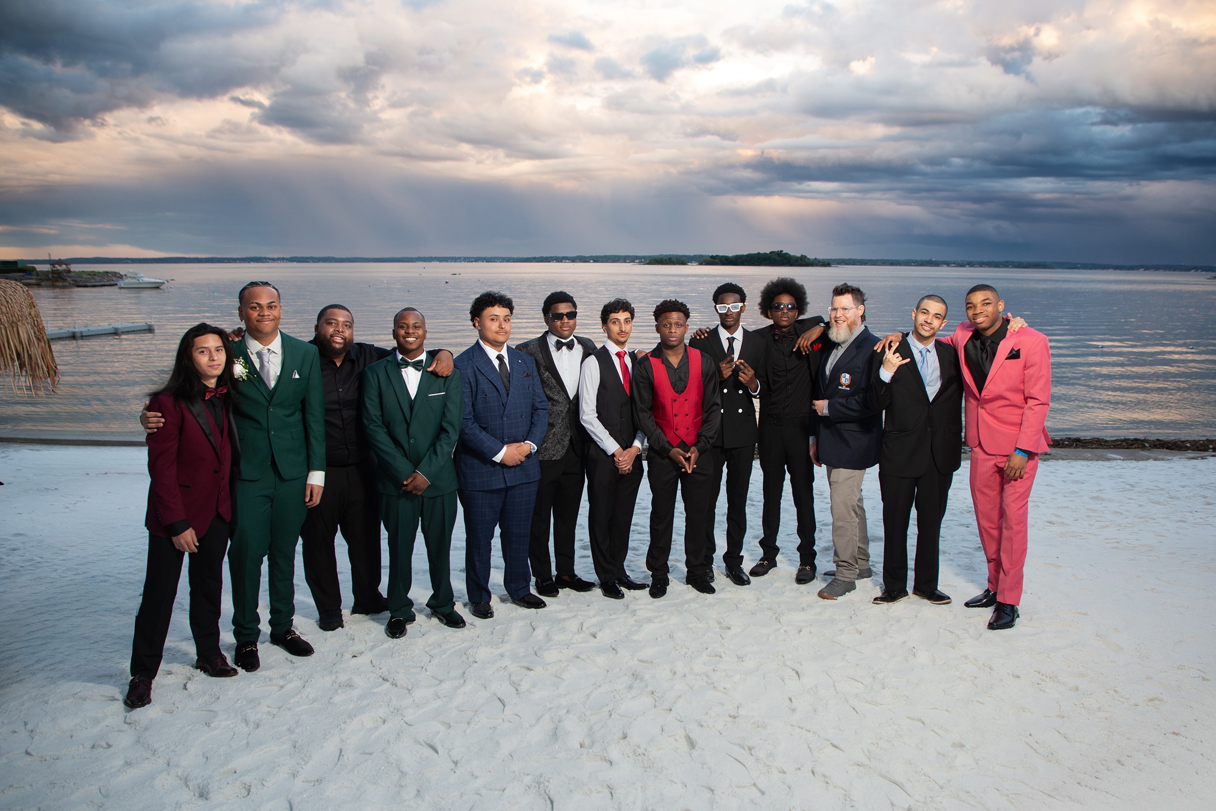 Prom Group Portrait – Students in Tuxedos at Sunset