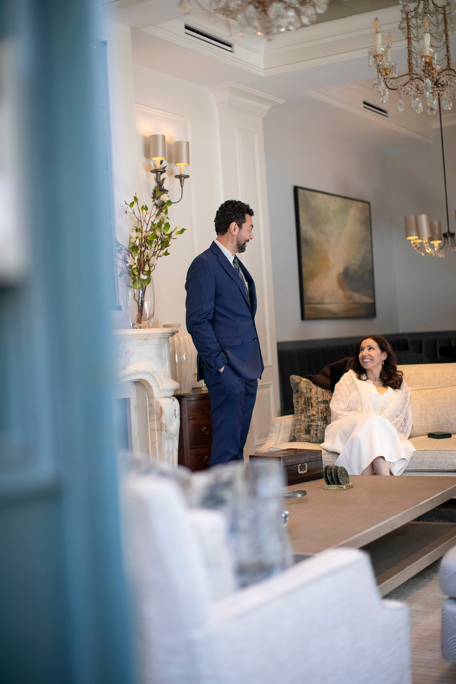 Wedding portrait through doorway in Tiffany’s townhouse
