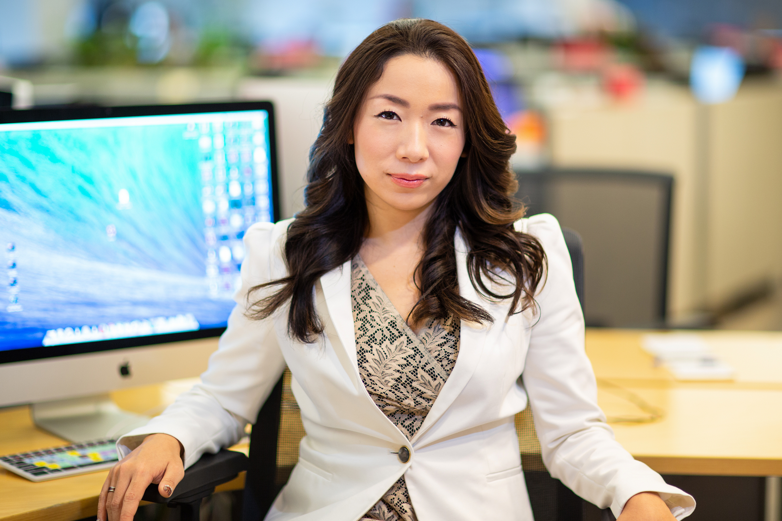 Chika Osaka, Reuters TV Producer — Office Portrait at Desk with Screens