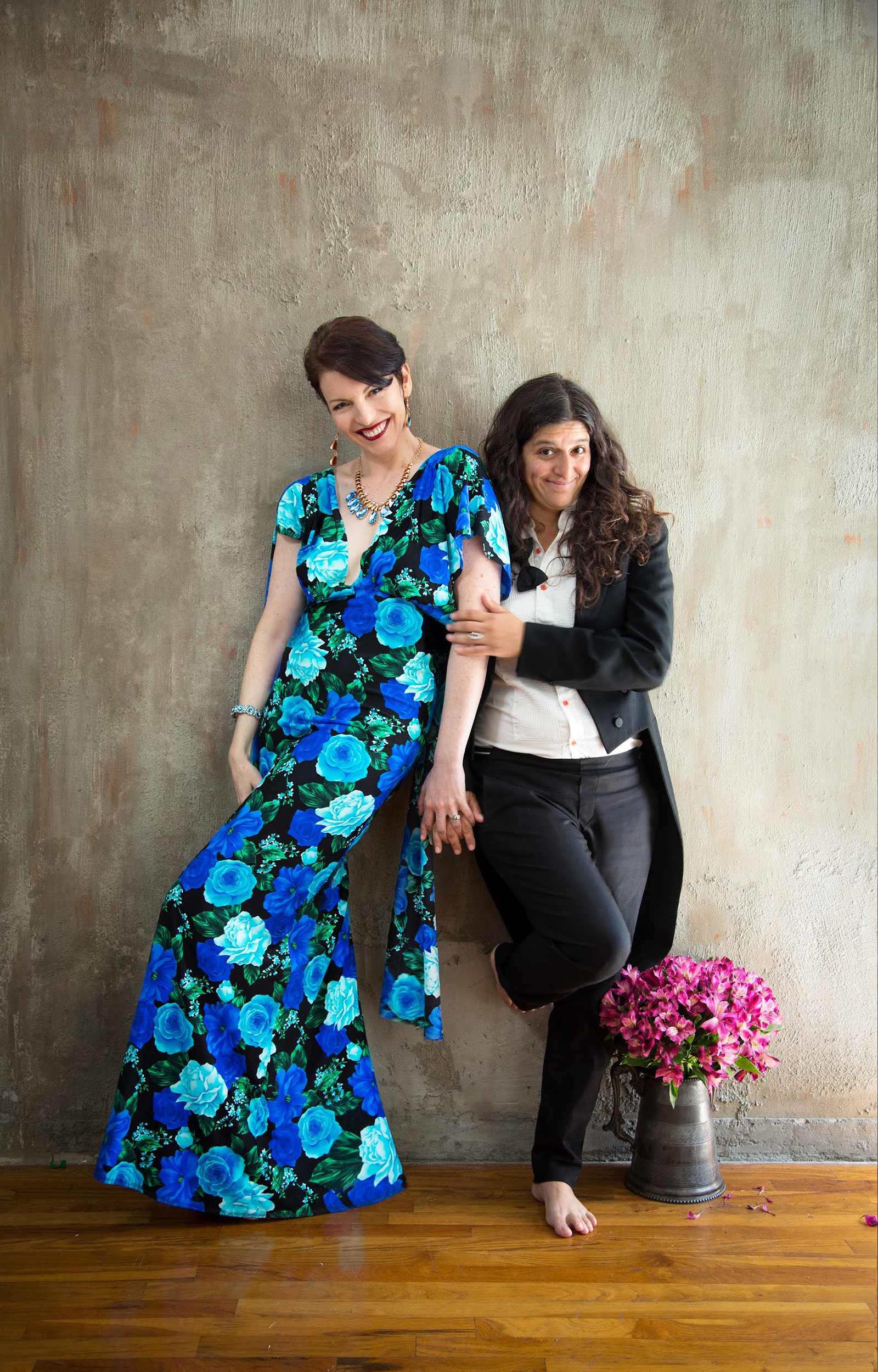 Anna leaning on Lola in campy Old‑Master silhouette portrait